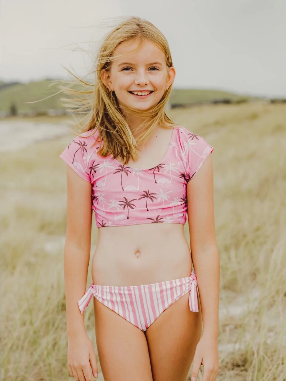 Kids Pink Palm-Print Two-Piece Swim Set